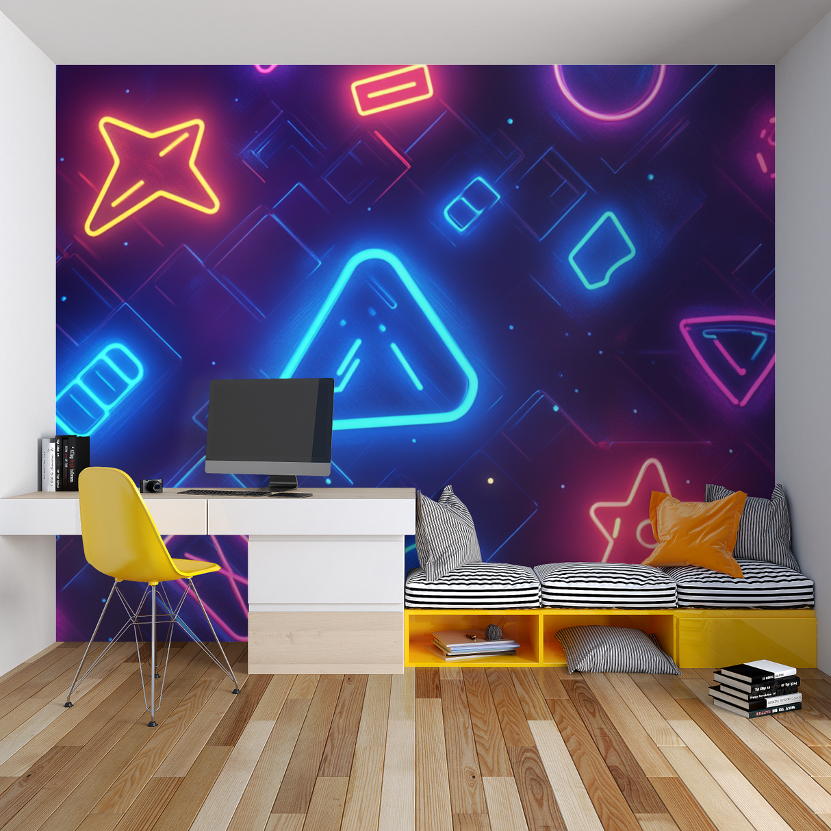Gaming Mural Wallpaper | Neon Geometric Design