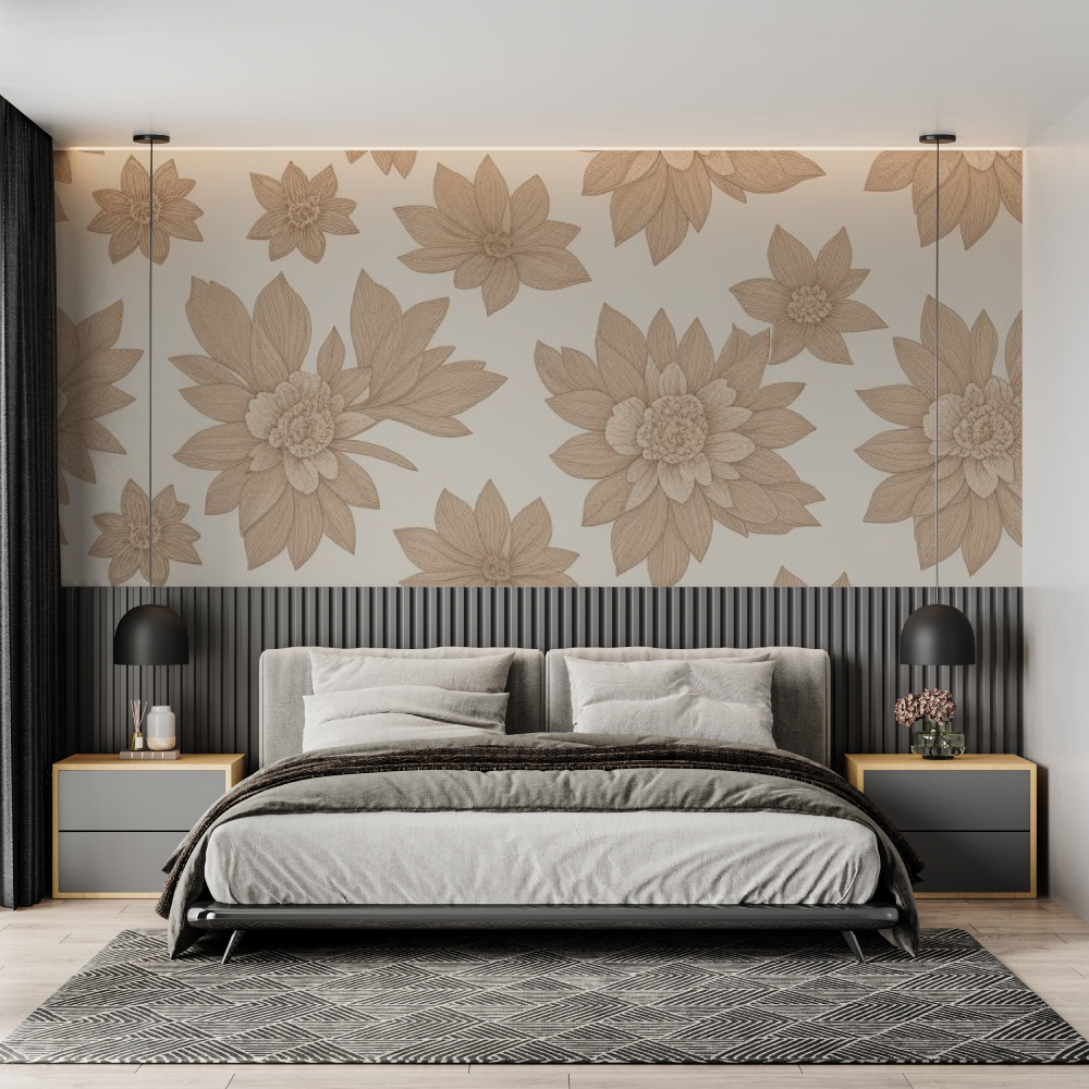 Floral Mural Wallpaper | Large Beige Blooms on White