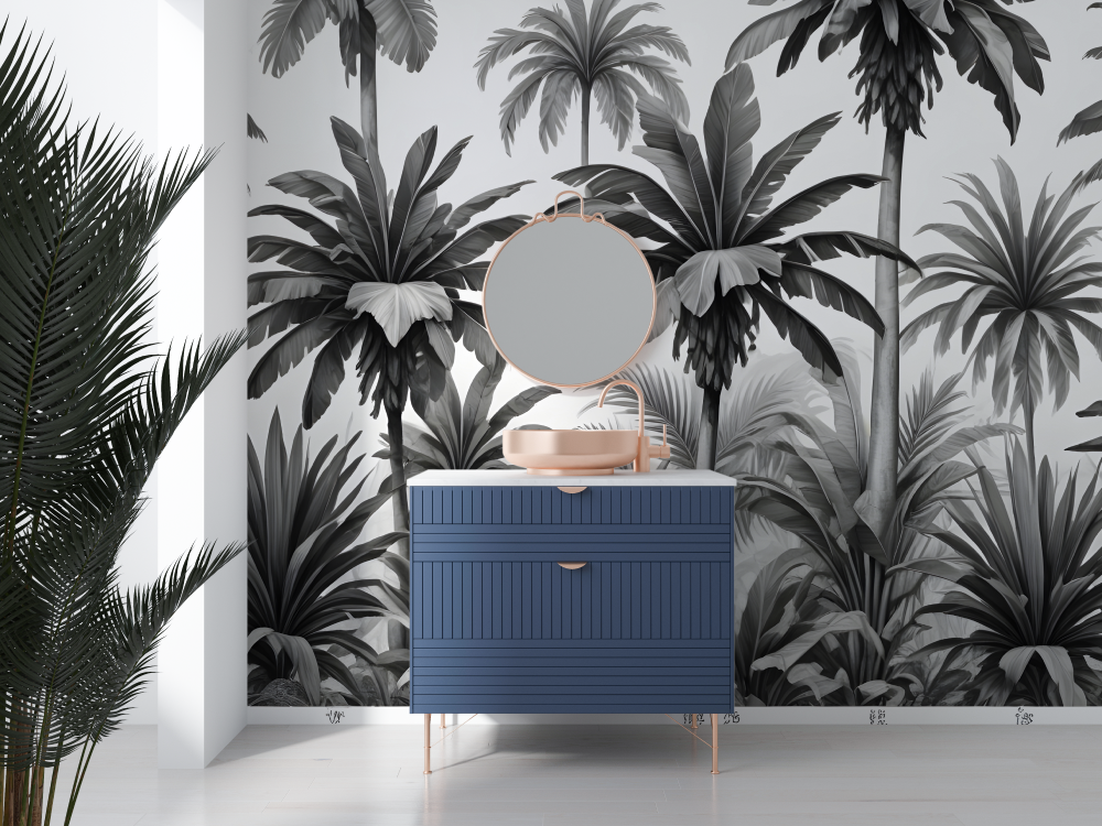Tropical Mural Wallpaper | Black and White Palm Leaves Design