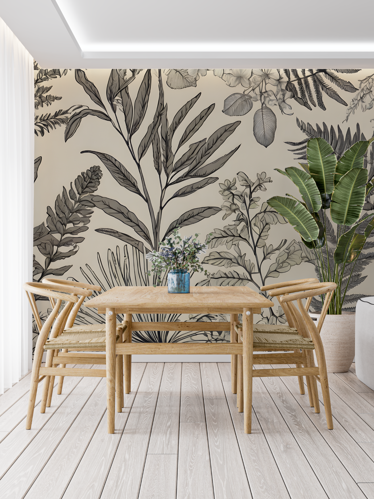 Tropical Foliage Mural Wallpaper | Monochrome Botanical Line Art