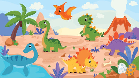 Papier Peint Mural Dinosaure | Scène d'Aventure Préhistorique Dessin Animé