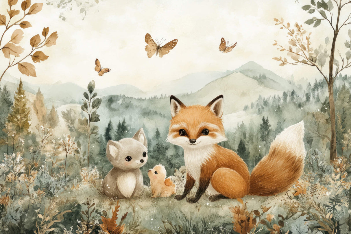 Forest Animals Mural Wallpaper | Enchanted Fox and Butterfly Scene