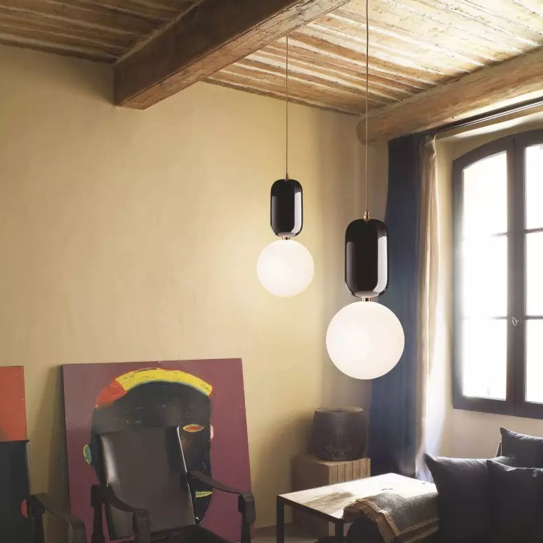 Modern Orb Pendant Light  Black Metal Glass Sphere Design - Detailed view