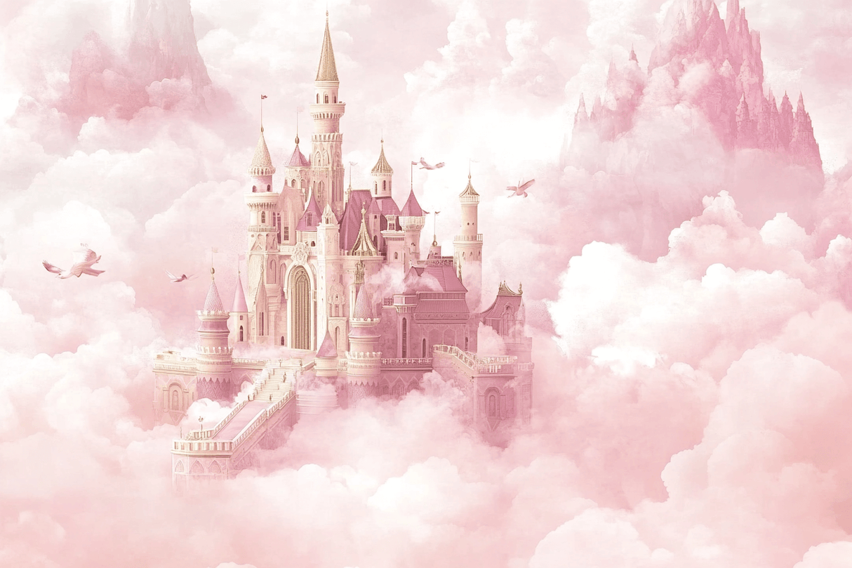 Princess Castle Mural Wallpaper | Pink Fantasy with Golden Spires