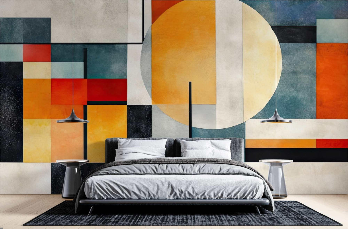 Geometric Mural Wallpaper | Modern Art Deco Style in Orange and Teal