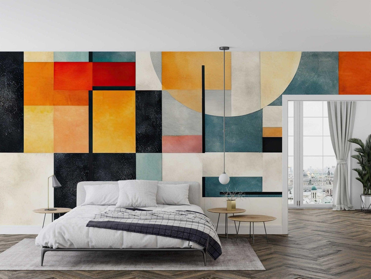 Geometric Mural Wallpaper | Modern Art Deco Style in Orange and Teal