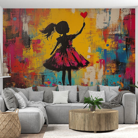 Abstract art wallpaper with dancing girl silhouette bringing creative energy to a modern living room with white furniture