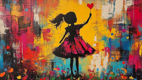 Abstract art wallpaper design file showing dancing girl silhouette with heart against colorful background