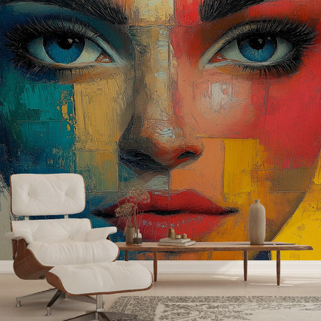 Abstract portrait wall mural in modern living room, featuring vibrant colors and geometric shapes creating visual interest