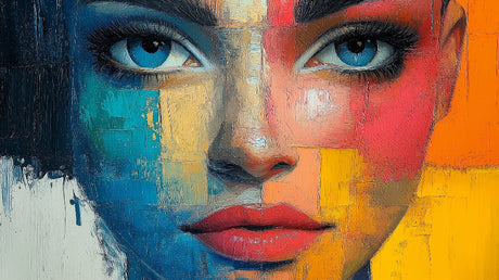 Abstract face portrait design file showing detailed color blocks and artistic expression