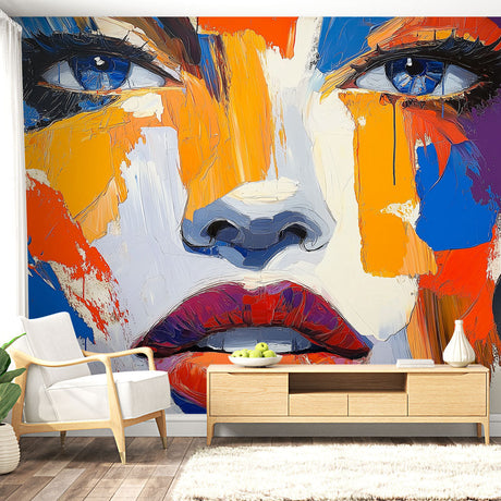 Abstract Portrait Wallpaper creating a bold statement in a modern living room with clean furniture and natural light