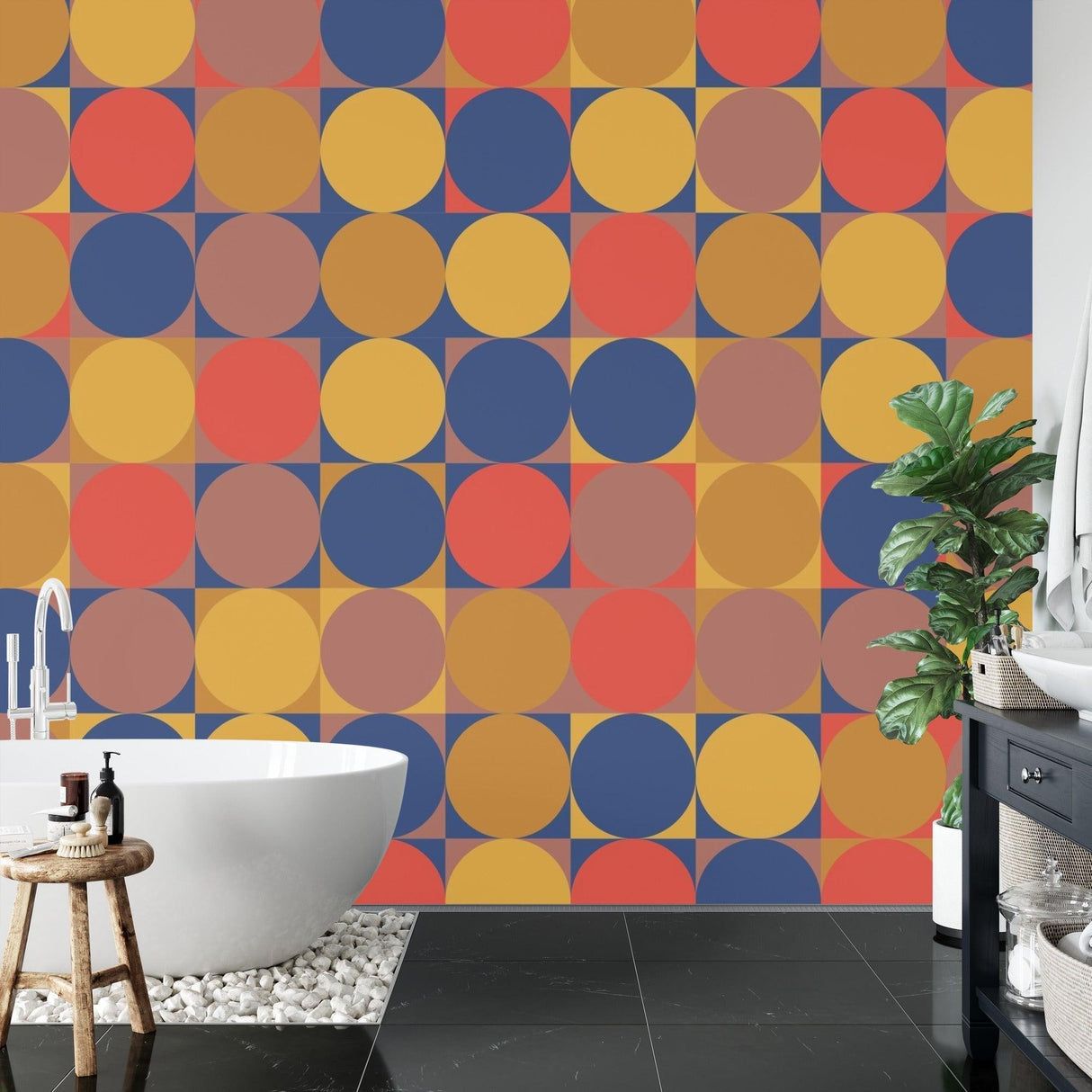 Geometric Mural Wallpaper | Retro Circles in Navy and Terracotta