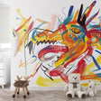 Modern street art dragon mural wallpaper styled in contemporary living room with minimal furniture
