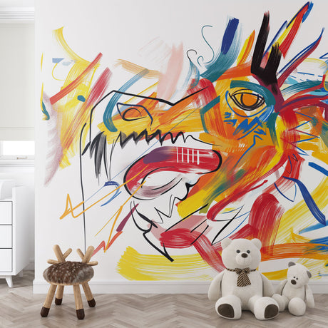 Modern street art dragon mural wallpaper styled in contemporary living room with minimal furniture