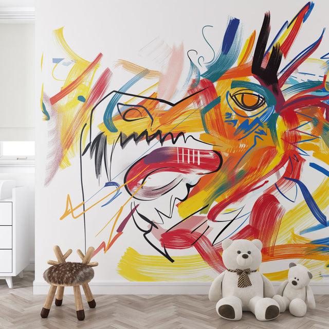 Modern street art dragon mural wallpaper styled in contemporary living room with minimal furniture