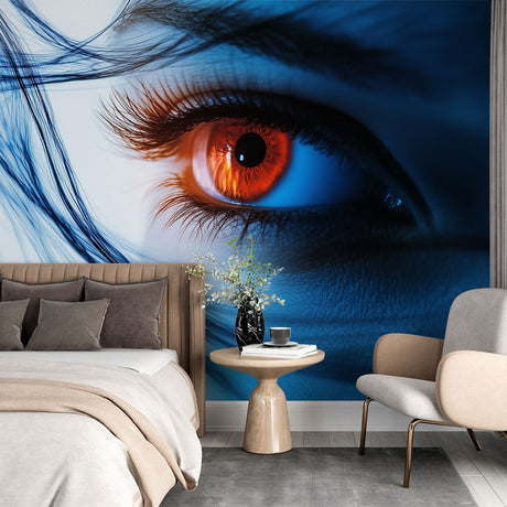 Abstract eye mural wallpaper showcased in a modern living room, highlighting the striking blue and orange color contrast