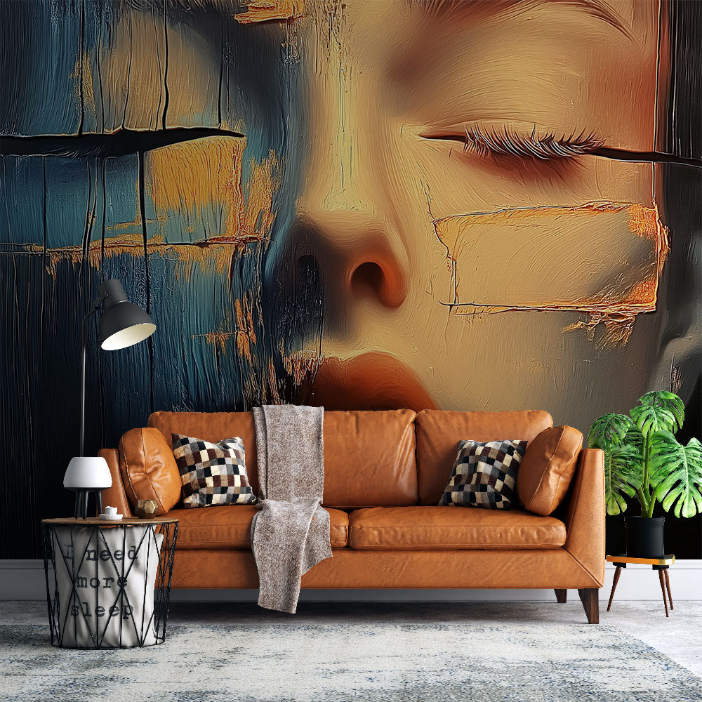 Abstract face wallpaper in modern living room, blue and gold tones creating dramatic focal point against neutral furniture