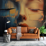 Abstract face wallpaper in modern living room, blue and gold tones creating dramatic focal point against neutral furniture