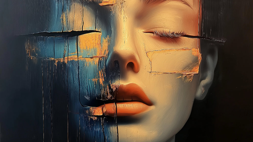 Abstract face design file showing detailed blue and gold portrait pattern