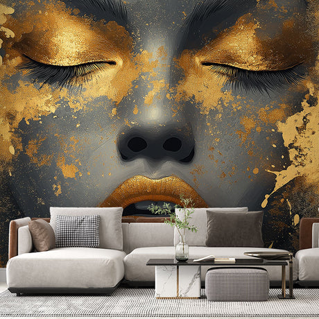 Abstract face wallpaper with gold accents creating a stunning feature wall in a modern living room with grey furniture