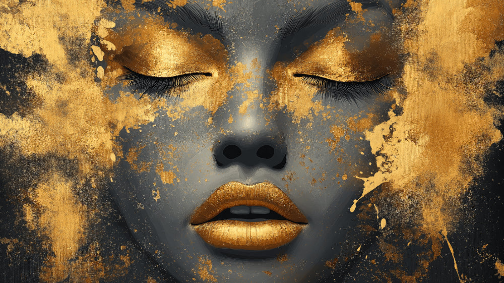 Abstract face portrait design file showing detailed gold and grey art pattern