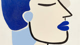 Abstract face line art wallpaper design file showing clean black lines and blue accents on beige background