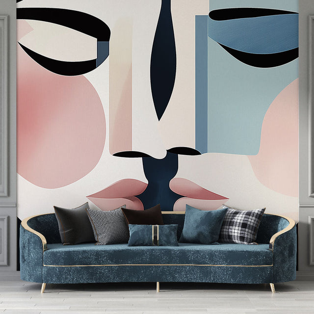 Modern abstract face wallpaper in pink and blue tones creating a striking focal point in a minimalist living room