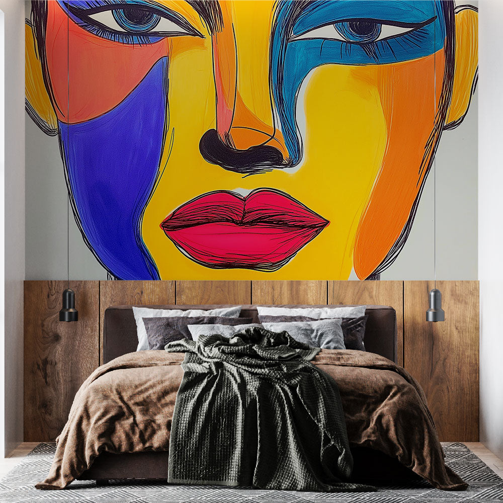 Modern Abstract Face Mural Wallpaper displayed in a bright contemporary living room, creating a bold artistic focal point