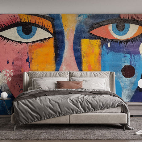 Abstract face mural wallpaper bringing urban art style to a modern living room with dramatic lighting and minimalist furniture
