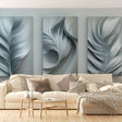 Abstract Feather Wallpaper creating a modern accent wall in a minimalist living room with grey furniture and natural light