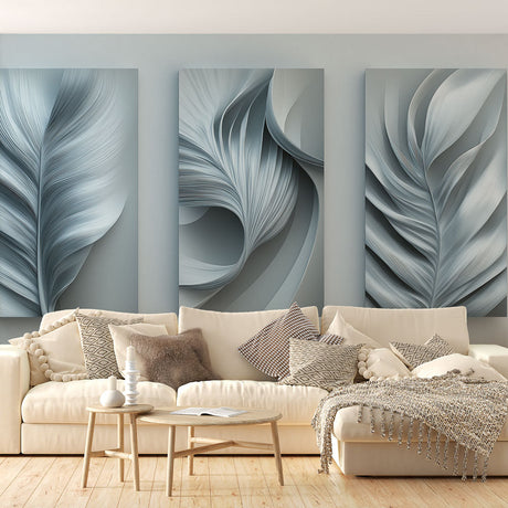 Abstract Feather Wallpaper creating a modern accent wall in a minimalist living room with grey furniture and natural light