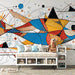 Abstract fish wall mural creating a stunning focal point in a modern living room with geometric marine design and vibrant colors