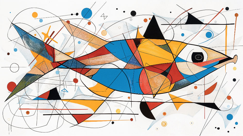 Abstract fish wallpaper design file showing geometric marine pattern with artistic details and bold color composition