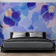 Purple and blue abstract floral wallpaper creating a peaceful atmosphere in a modern living room with natural light