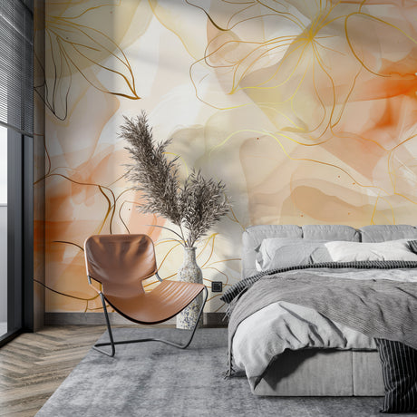 Abstract floral wallpaper in a bright modern living room, orange and gold tones creating a warm atmosphere
