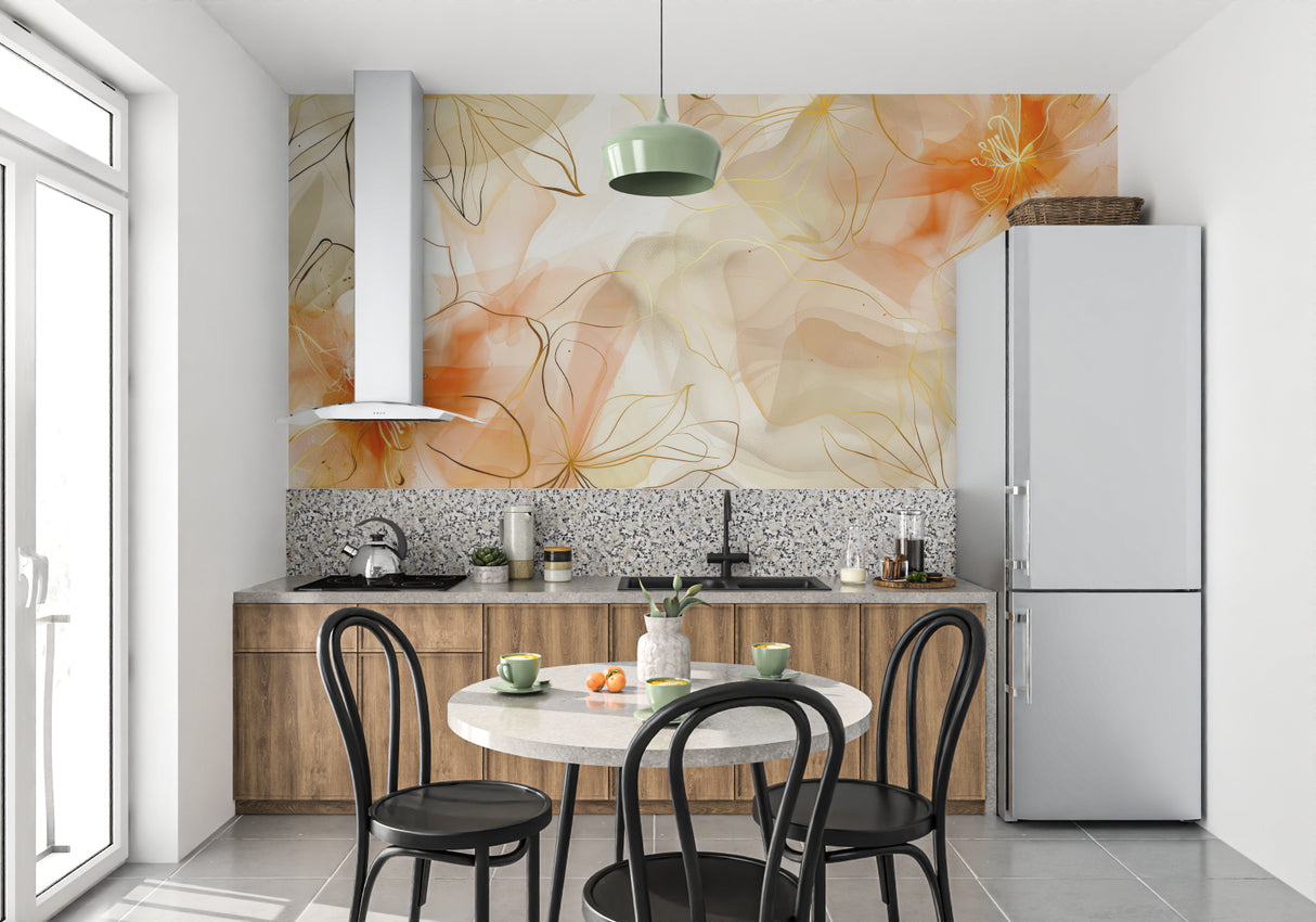 Golden orange watercolor wallpaper making a statement in an elegant dining room
