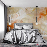 Abstract floral mural in a home office, soft orange tones enhancing productivity