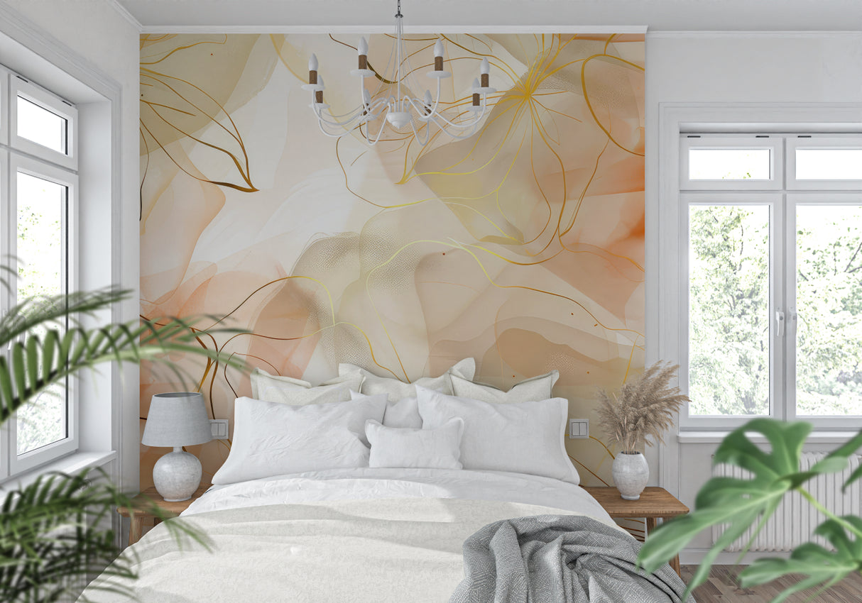 Watercolor floral wallpaper brightening a master bedroom with golden accents