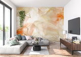 Orange abstract wallpaper creating depth in a modern hallway