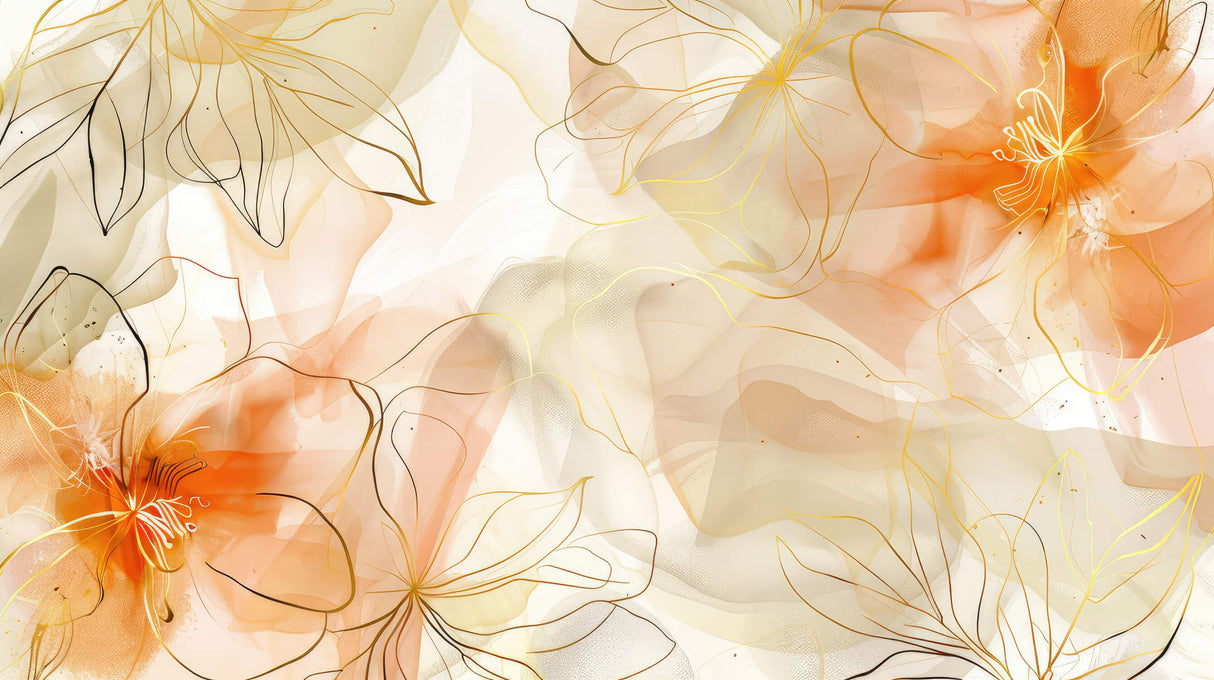 Abstract floral wallpaper design file showing delicate golden lines and watercolor pattern
