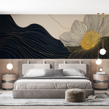 Modern floral line art wallpaper with gold accents creating drama in a minimalist living room setting