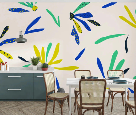 Modern blue and yellow daisy wallpaper mural brightening a sunny dining room with contemporary furniture