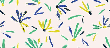 Abstract floral wallpaper design file showing modern blue and yellow daisy pattern