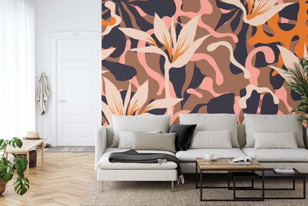 Abstract floral wall mural in contemporary dining room with natural light