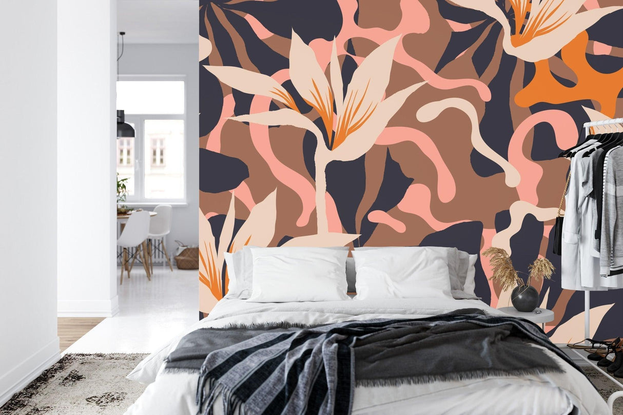 Modern orange and pink floral wallpaper in home office space