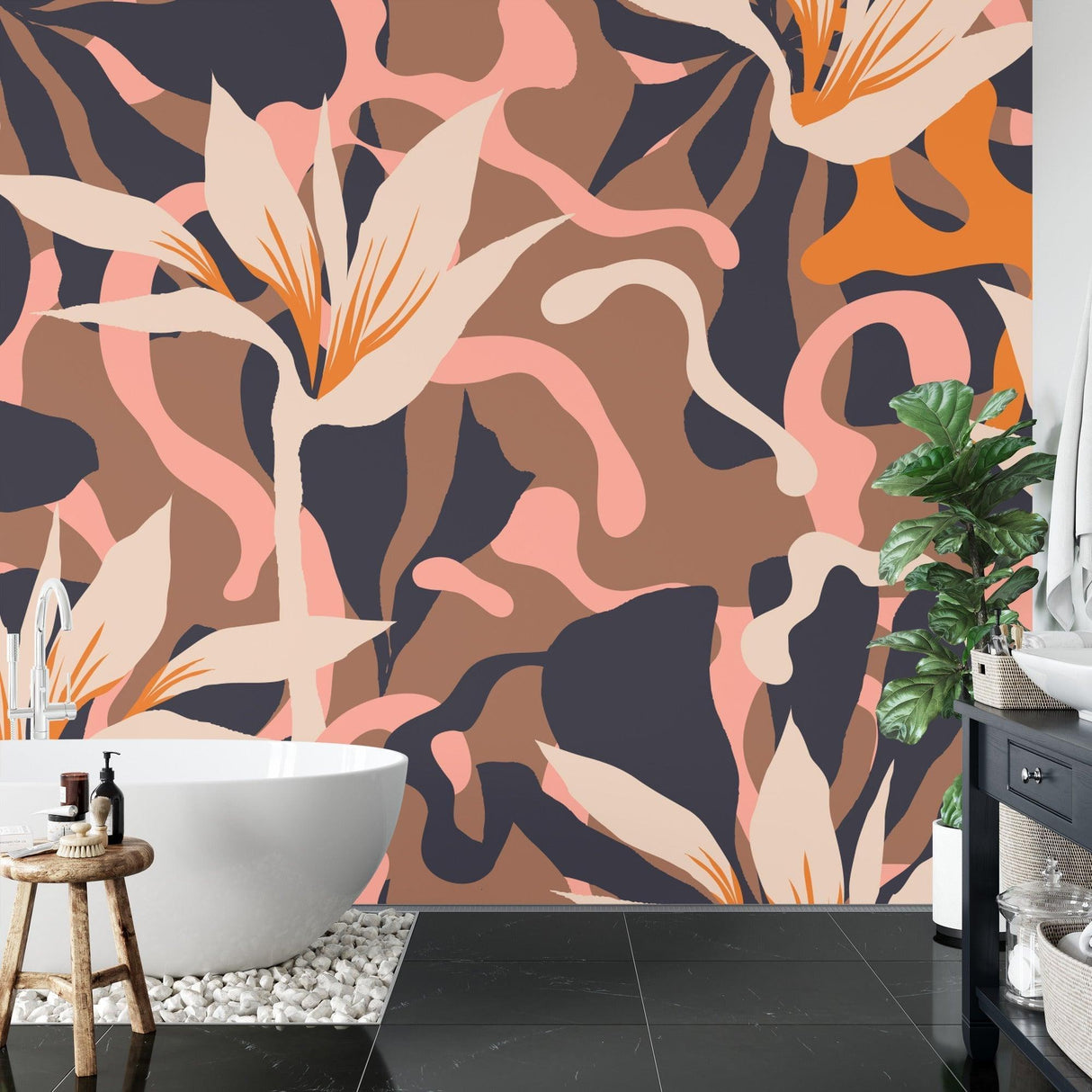Abstract floral wall design in modern bedroom with minimal furniture