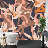Abstract floral wall design in modern bedroom with minimal furniture