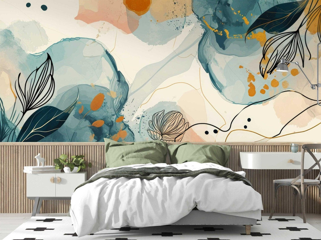 Modern living room with Abstract Floral Wallpaper in blue and gold tones, creating an elegant atmosphere