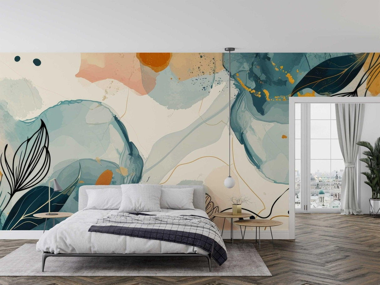 Home office featuring watercolor floral wallpaper with delicate blue blooms and gold accents