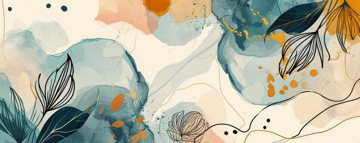 Abstract Floral Wallpaper design file showing detailed watercolor pattern in blue and gold